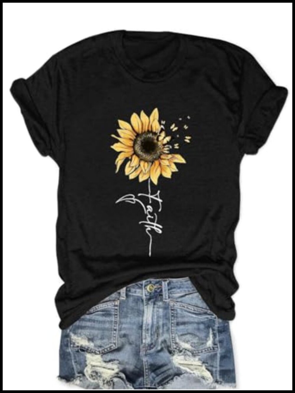 Loose Fit Sunflower Faith Graphic Tee Boho Floral Short Sleeve Women Top
